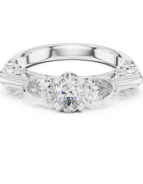 Three Stone Oval Diamond Ring with Pear Side Stones, Gold & Silver Engagement Promise Ring