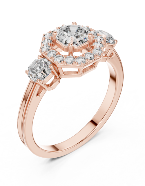 Octagon Halo Diamond Engagement Ring Three Stone Gold Asscher Cut Promise Ring