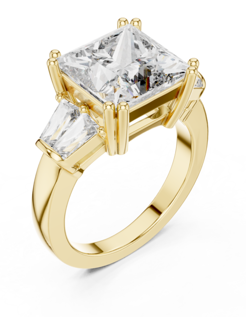 Princess Cut Three Stone Diamond Engagement Ring Gold Baguette Side Bridal Promise Ring