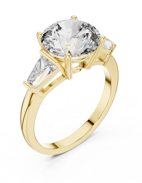 Round Cut Three Stone Diamond Engagement Ring Baguette Side Gold Bridal Jewelry
