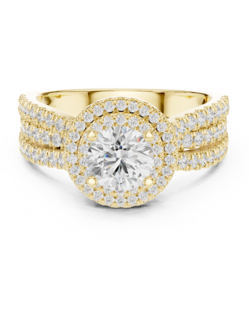 Gold Round Cut Double Halo Diamond Engagement Ring with Triple-Row Pavé Band