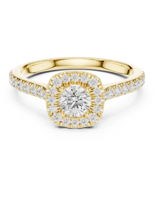 Gold Round Cut Diamond Cushion Halo Engagement Ring with Pavé Band | Cushion Halo Promise Ring for Women