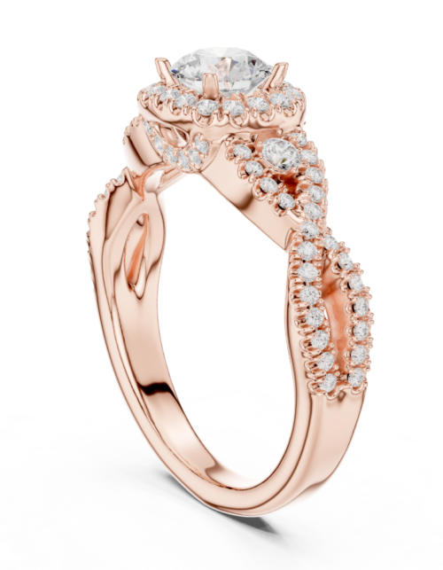 Gold Round Cut Diamond Halo Engagement Ring with Twisted Split Shank Pavé Band | Vintage Halo Promise Ring for Women