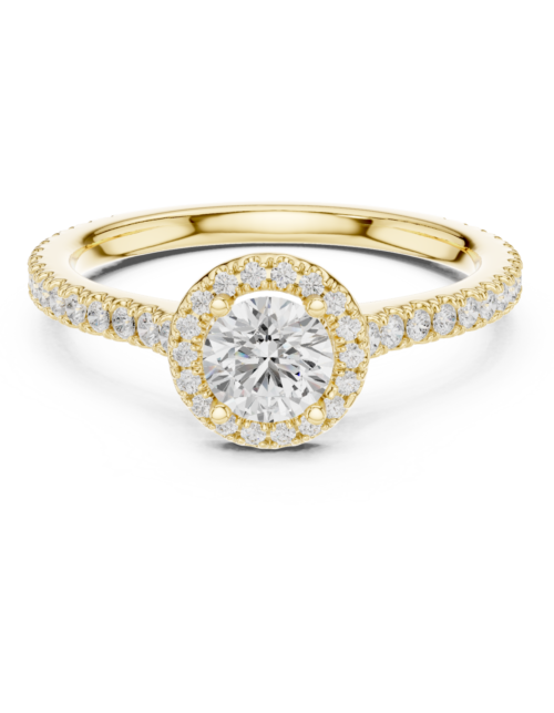 Gold Round Cut Diamond Single Halo Engagement Ring with Three-Quarter Pavé Band | Classic Halo Promise Ring for Women