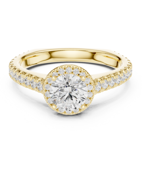 Gold Round Diamond Halo Engagement Ring with Euro-Shank Pavé Band