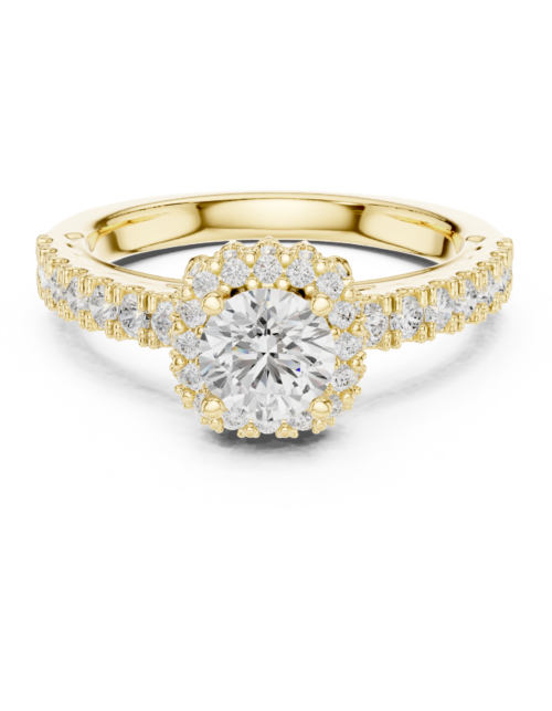 Gold Round Cut Diamond Floral Double Halo Engagement Ring with French-Pavé Band