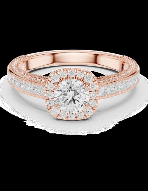 Gold Round Diamond Halo Engagement Ring with Channel-Set Princess Cut & Milgrain Band