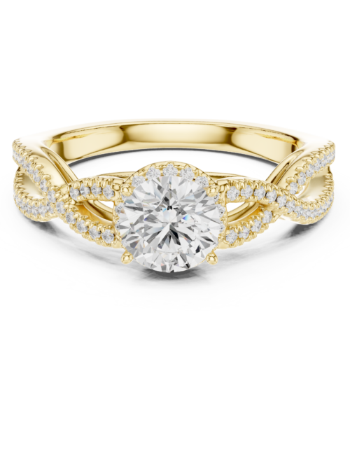 Gold Round Cut Diamond Halo Engagement Ring with Split Twisted Pavé Band