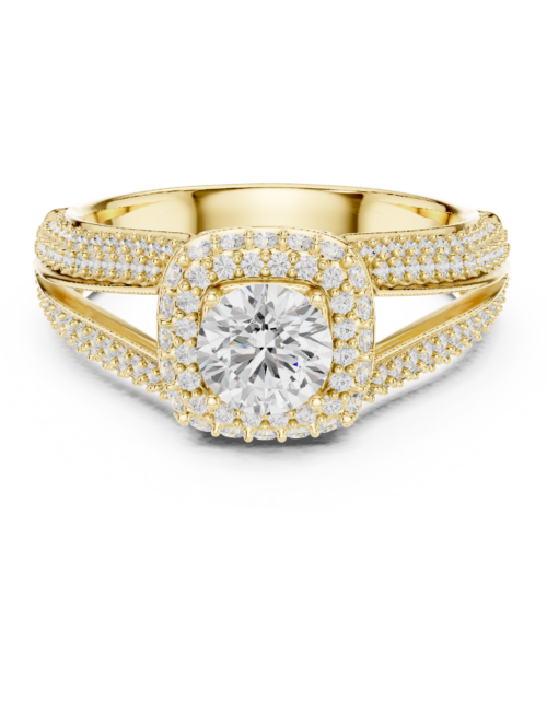 Gold Round Diamond Double Halo Engagement Ring with Split Multi-Row Pavé Band