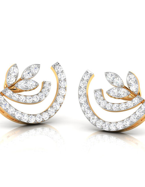 Gold Diamond Leaf ; Crescent Earrings