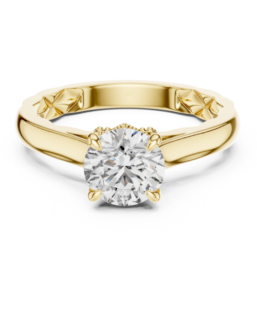Round Diamond Solitaire Engagement Ring Vintage Milgrain Hidden Halo Gold Promise Ring
